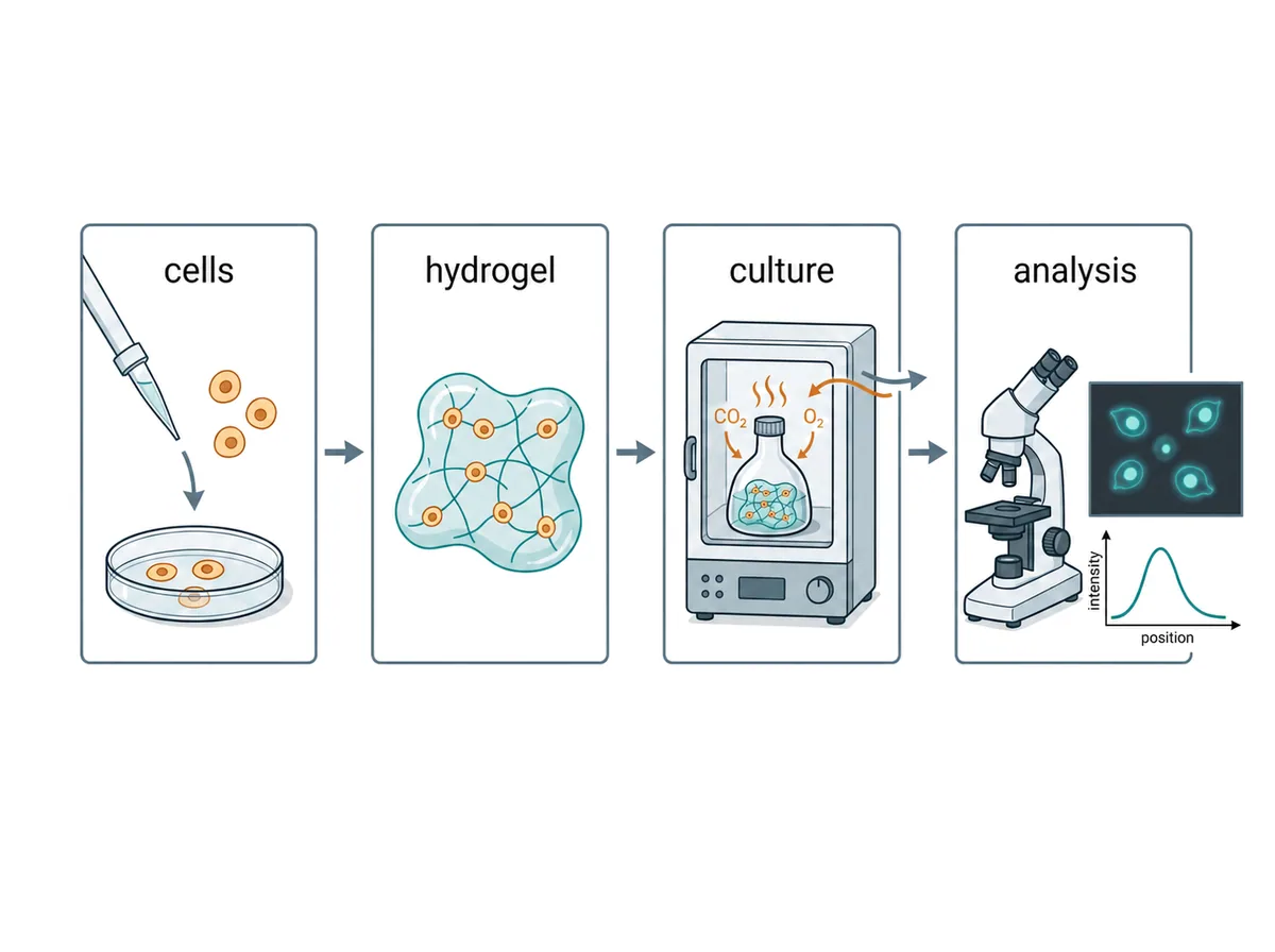 AI scientific figure draft of a hydrogel cell culture workflow