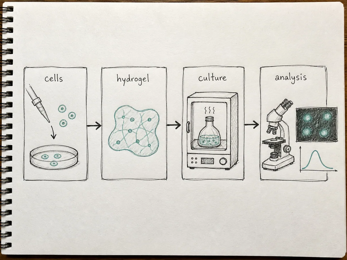 Rough hand-drawn sketch of a hydrogel cell culture workflow