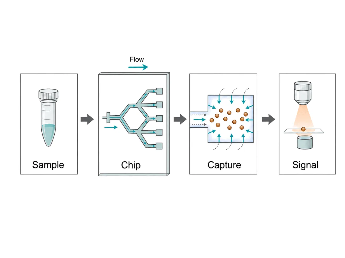 AI scientific figure draft of a microfluidic assay workflow
