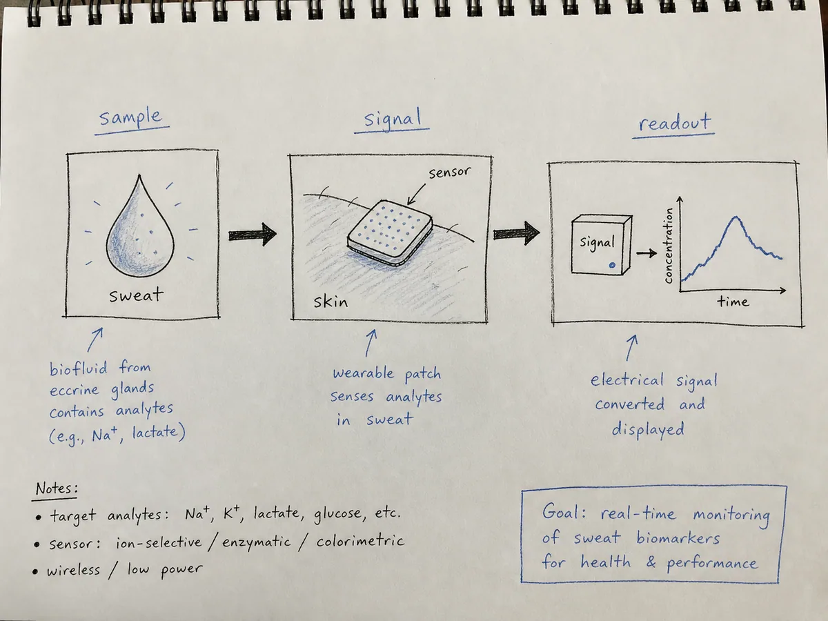 Rough hand-drawn sketch of a wearable sweat sensor workflow